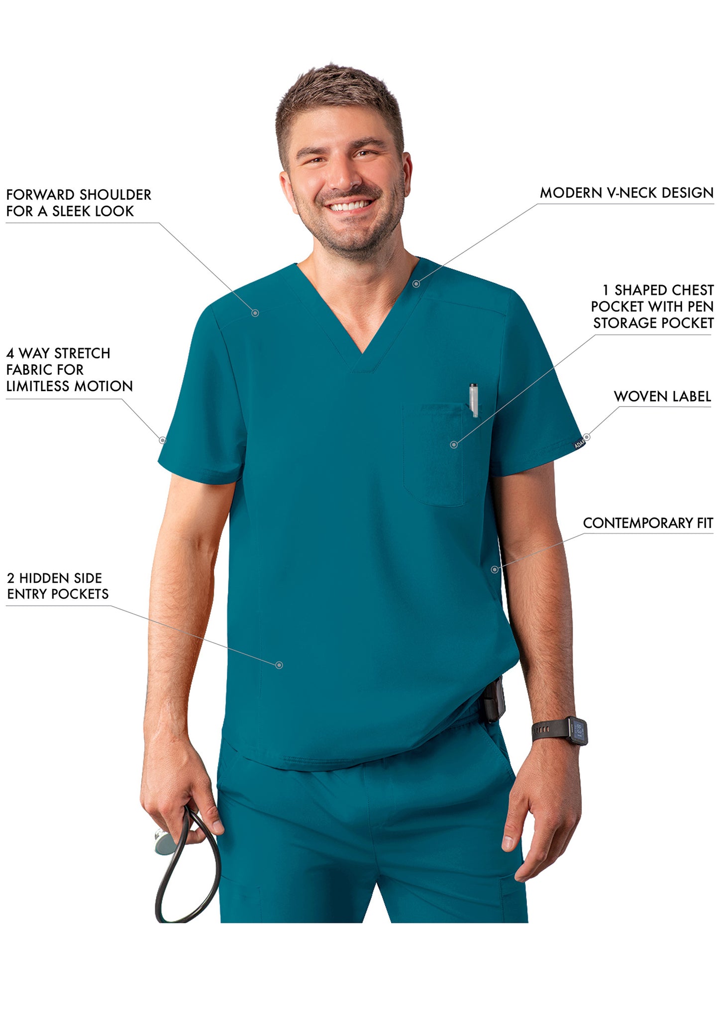 ADAR Addition Men's Modern Multi-pocket V-Neck Scrub Top