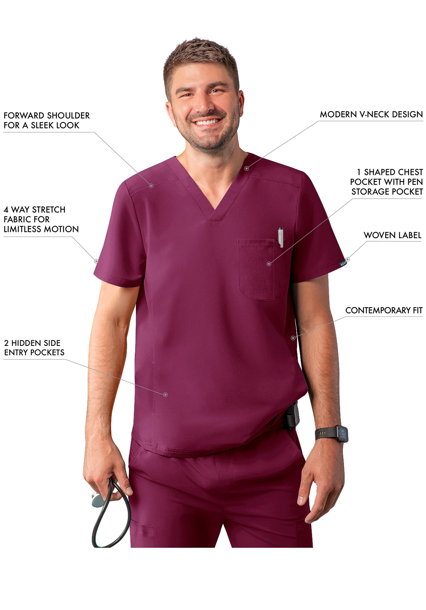 ADAR Addition Men's Modern Multi-pocket V-Neck Scrub Top