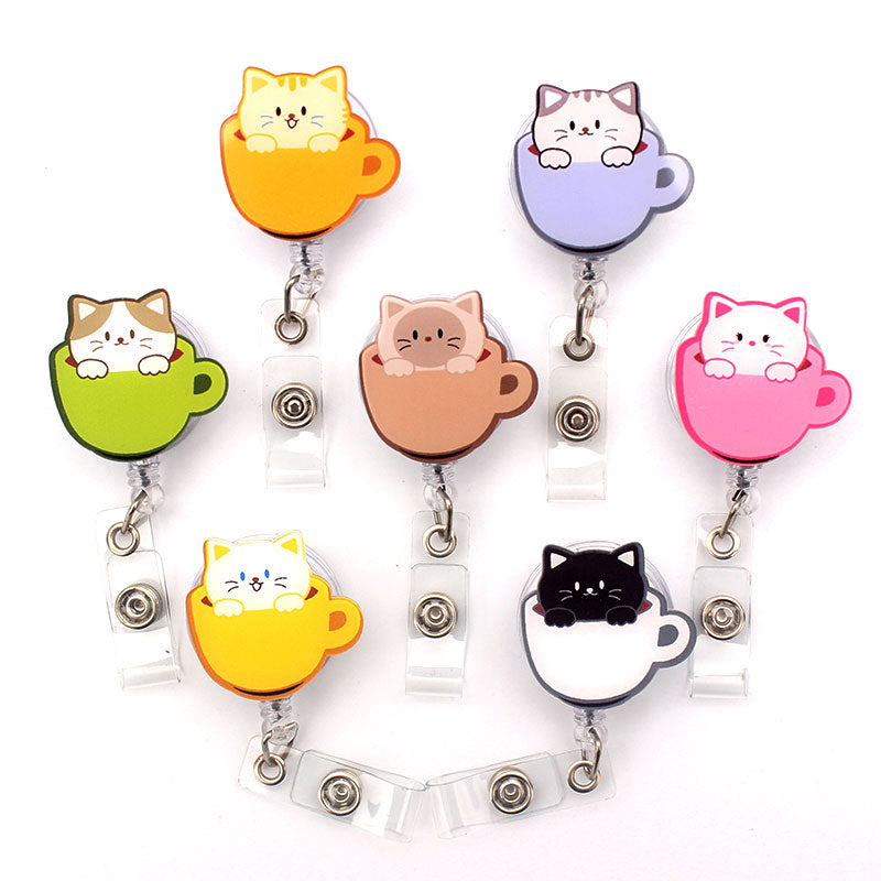 Cat In Cup Style Retractable Card Holder Badge Reel