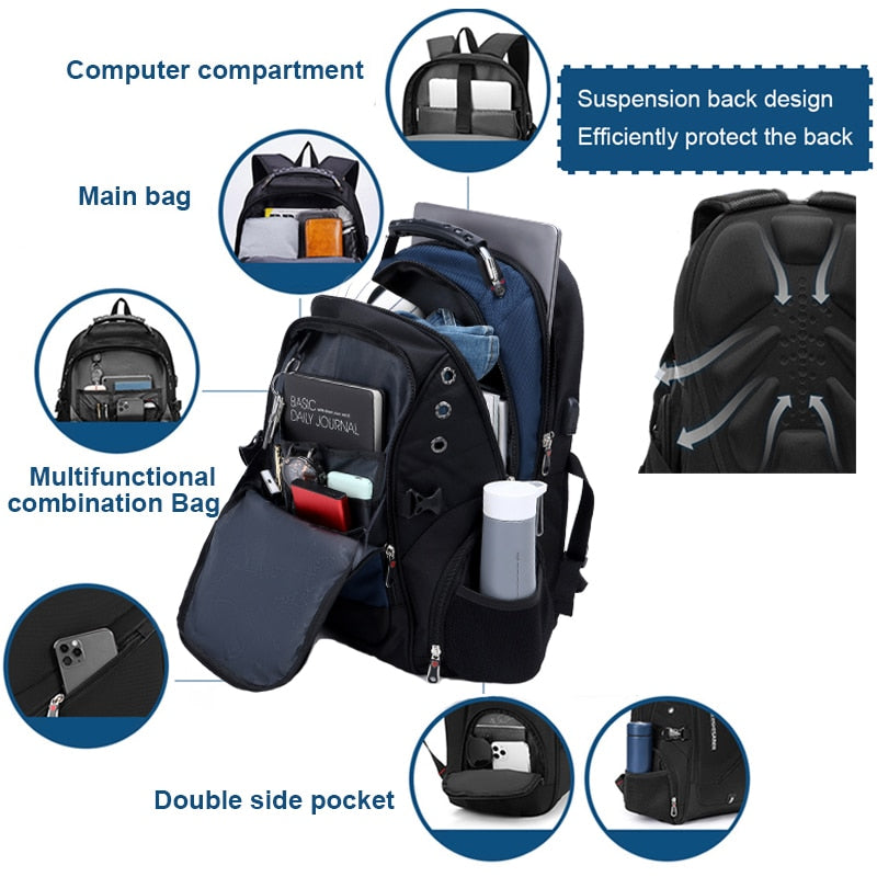 Anti-Thief Backpack Multifunctional Waterproof 17.3 Inch Laptop Bag USB Charging Travel Backpacks