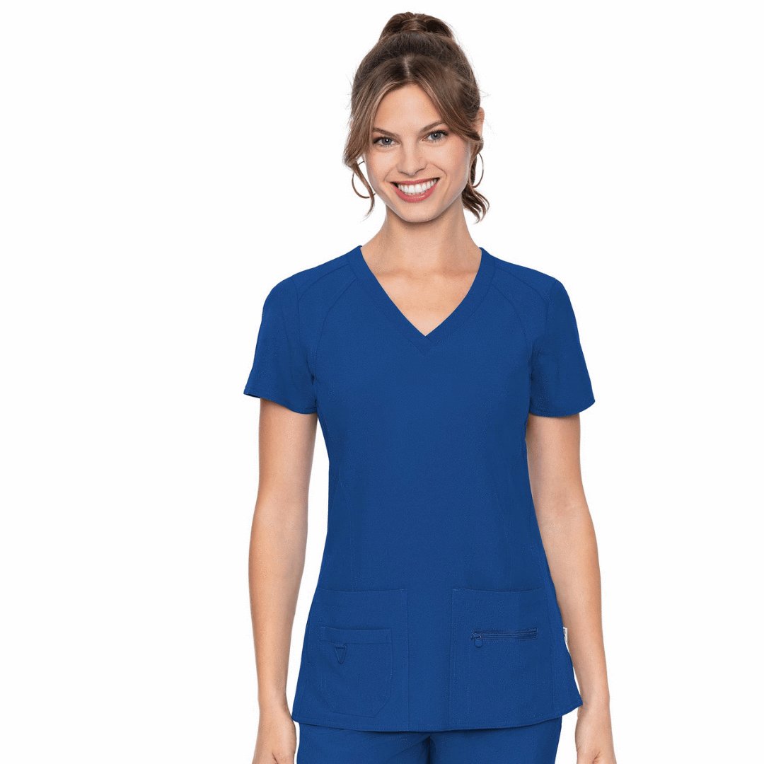 White Background Female Model Wearing Activate Med Couture Hunter Scrub Top